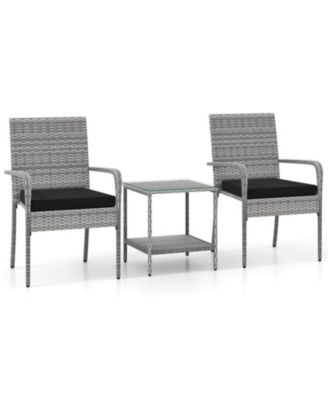 3-Piece Rattan Patio Set with Cushioned Chairs and 2-Tier Glass Side Table