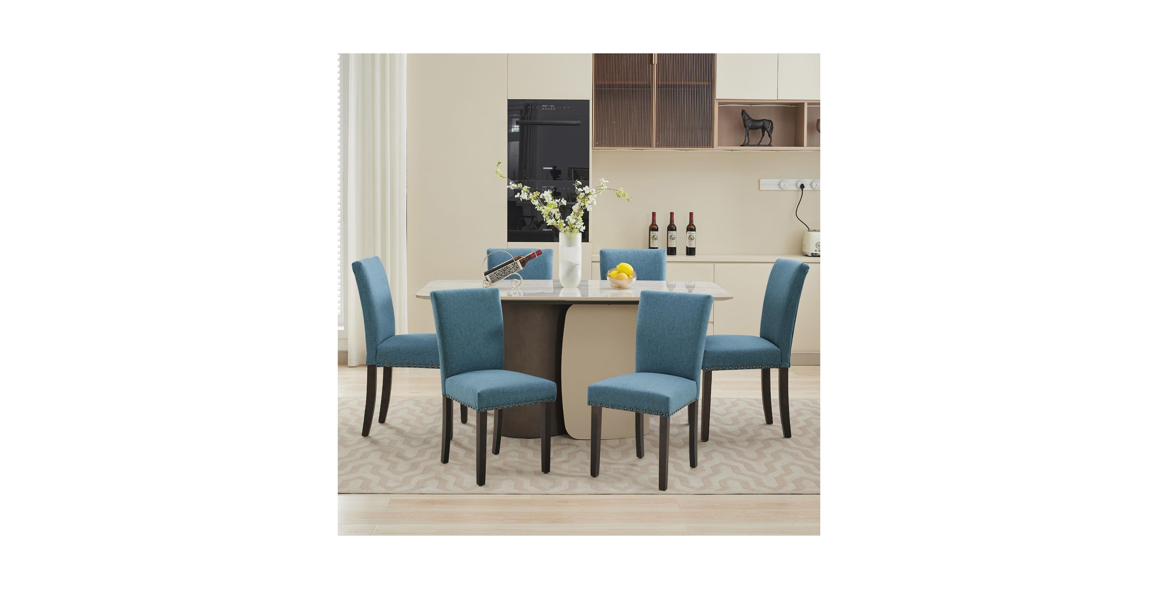 gaomon Set of 6 Linen Upholstered Parsons Dining Chairs, Nailhead Trim Design Kitchen and Dining Room Seating