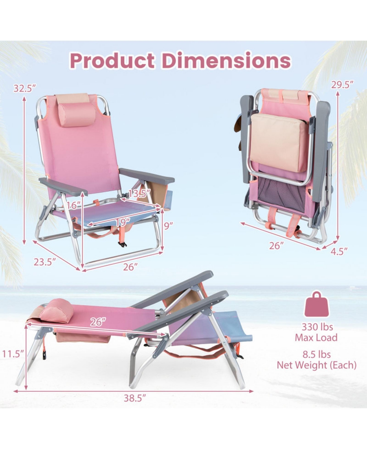 Sugift Set of 2 Portable Folding Backpack Reclining Beach Chairs with 5-Position Backrest Headrest