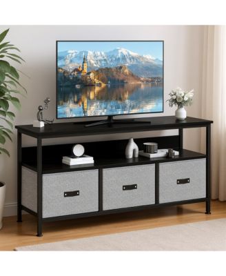 TV Stand Dresser for 55-Inch TV with 3 Fabric Drawers and Open Shelf, Media Console Table with MDF Wood Top and Metal Frame