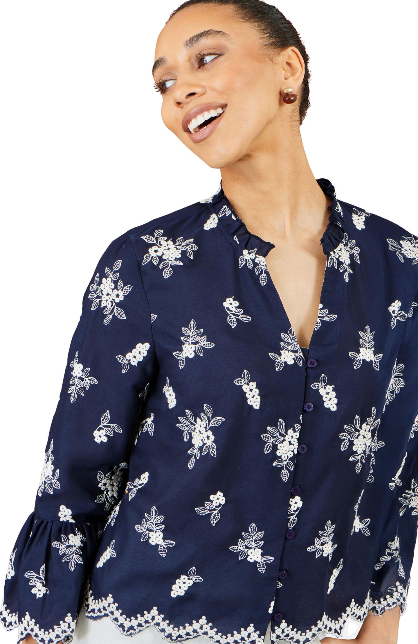 Женская рубашка Yumi Fluted Sleeves V-Neck, цвет: Тёмно-синий — фото 5