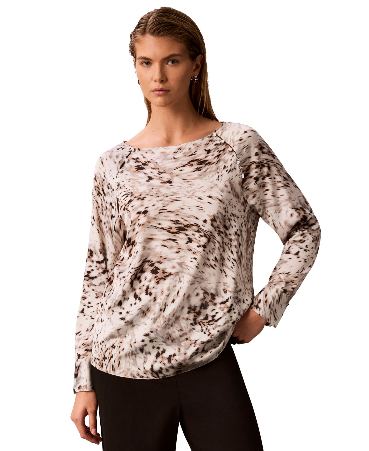 Petite Boat Neck Button-Front Long-Raglan-Sleeve Blouse