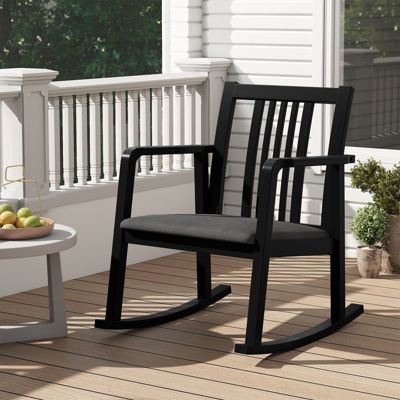 Solid Rubber Wood Rocking Chair with Cushioned Linen Seat