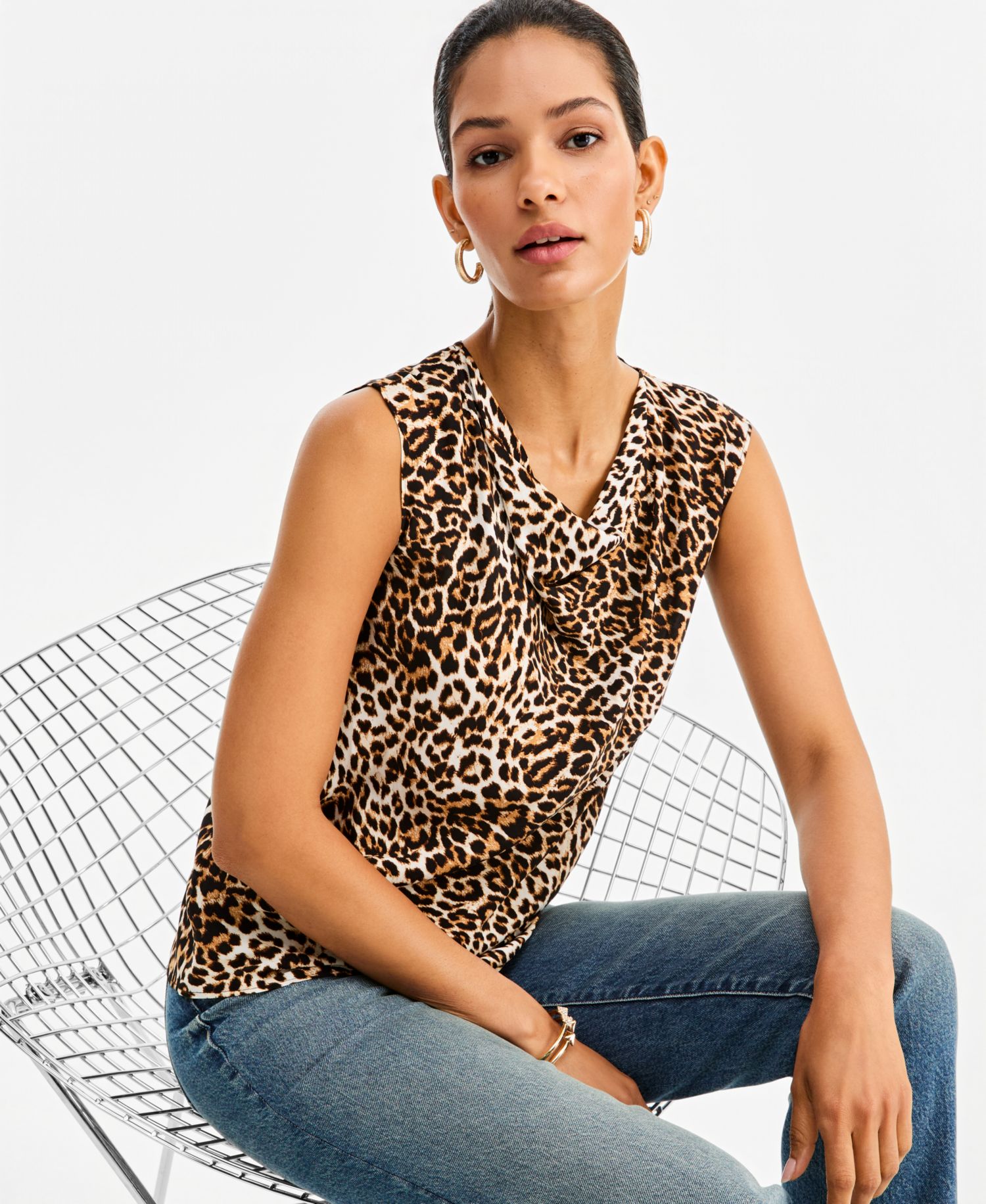 I.N.C. Women's Leopard-Print Cowl-Neck Blouse