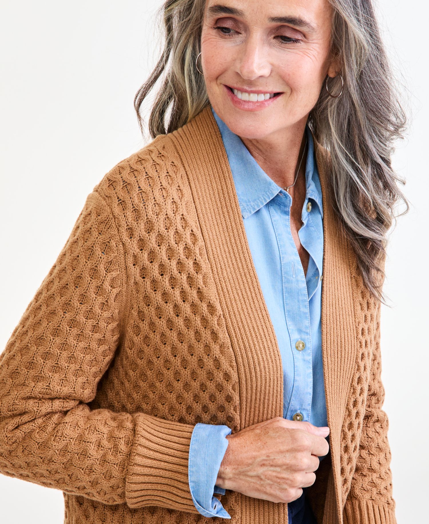 Petite Honeycomb-Knit Open-Front Long Cardigan