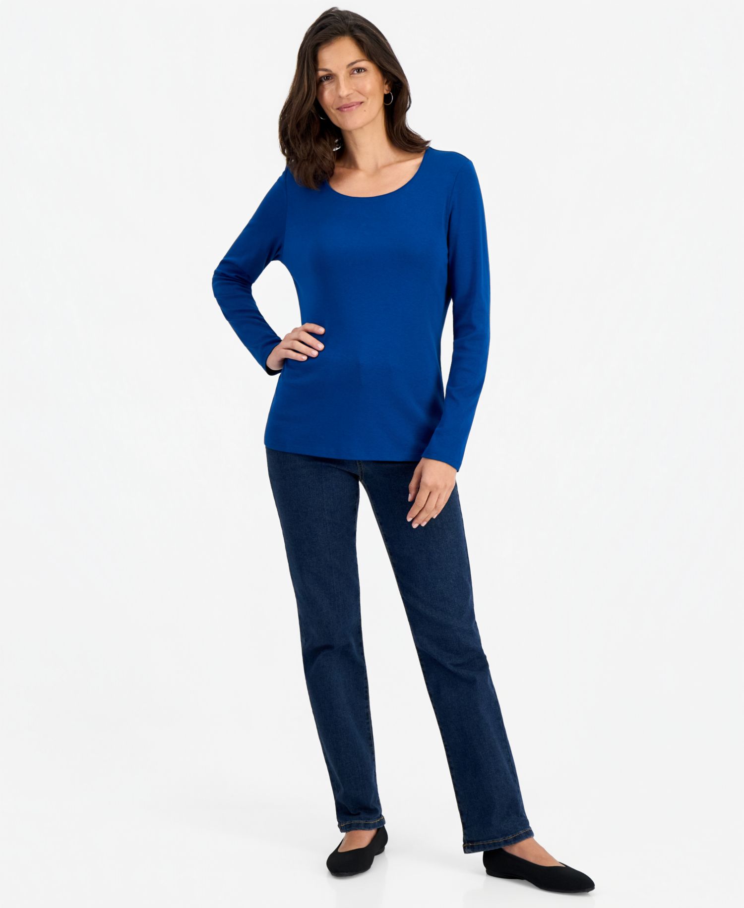 Petite Scoop-Neck Long-Sleeve Cotton Top