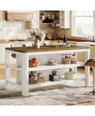 63-Inch Solid Wood Kitchen Island with Storage Shelves, Farmhouse Island Table with Seating, Counter Height Bar Table