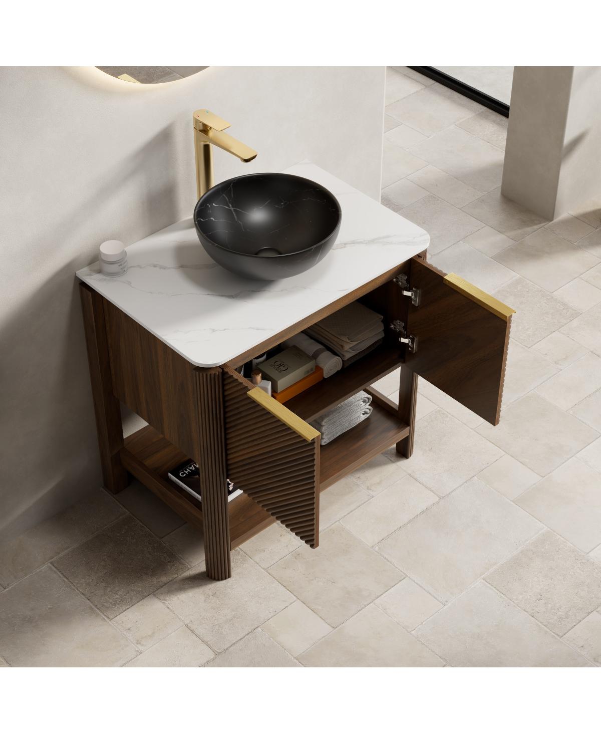 Sillysis 30" Modern Bathroom Vanity with Vessel Sink, Sintered Stone Countertop, Soft Close Solid Wood 3D Doors, Open Shelf Storage