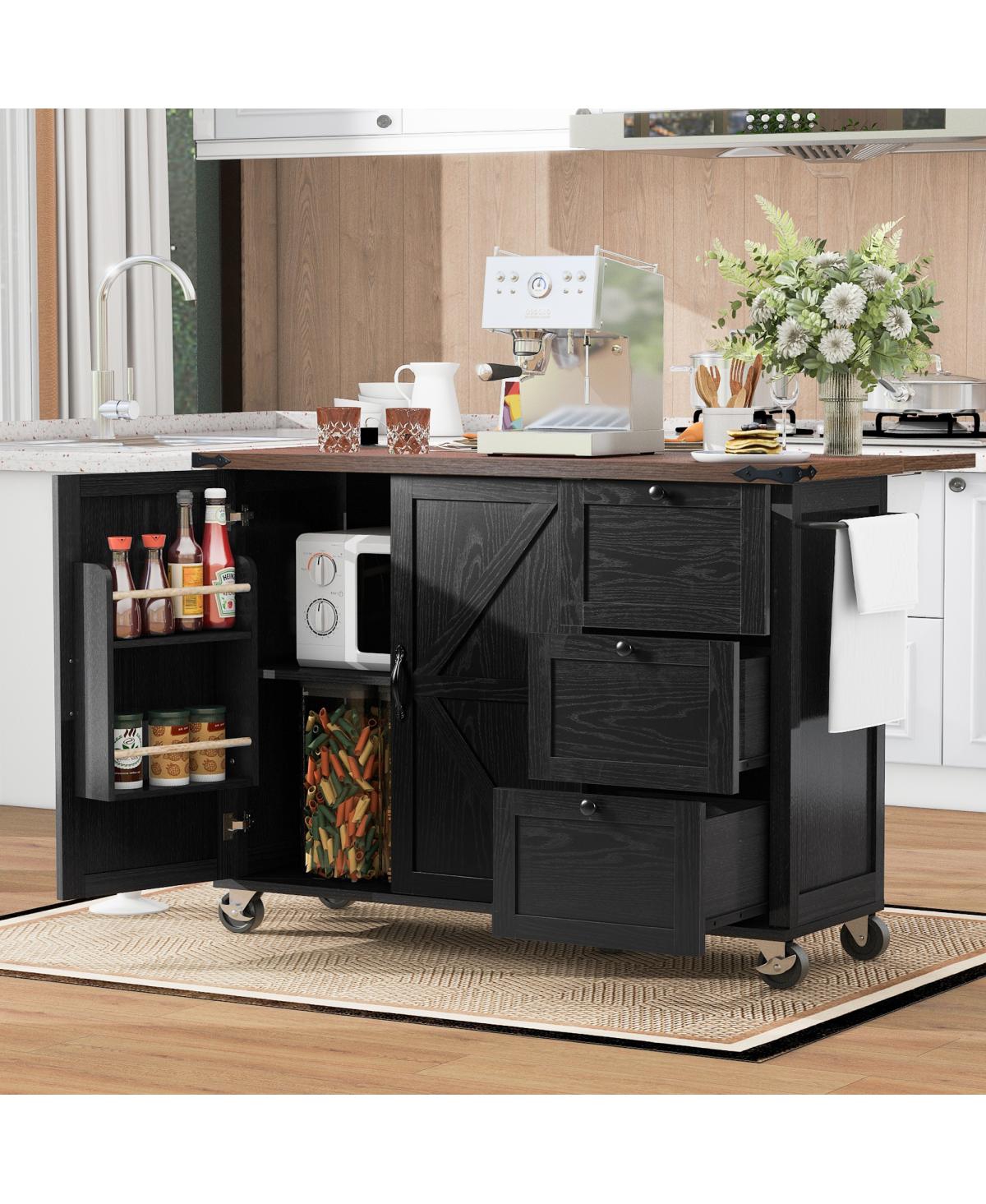 Streamdale Furniture 54.5'' Farmhouse Kitchen Island with Power Outlet Drop Leaf and Storage