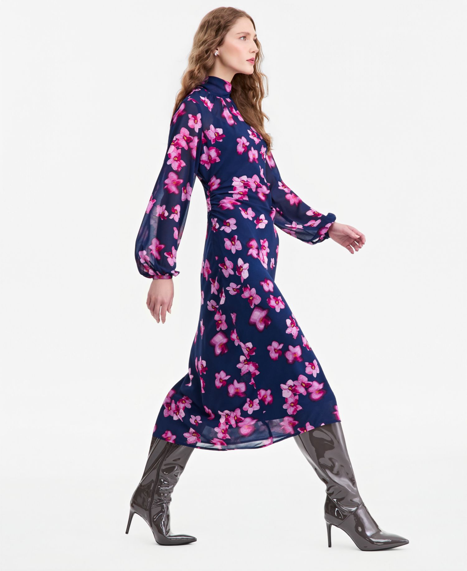 Women's Floral-Print A-Line Mock-Neck Midi Dress