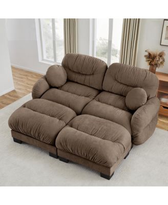 Pleated Chenille 2-Seater Modular Sofa with 2 Ottomans and Pillows
