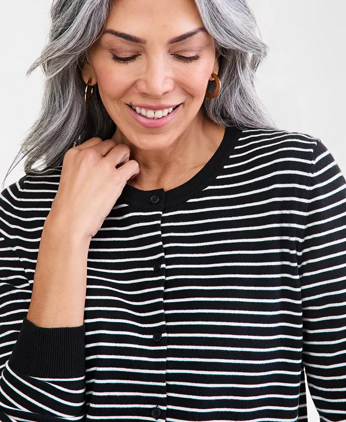 Women's Stripe Crew-Neck Button-Down Cardigan Sweater - thumbnail 7