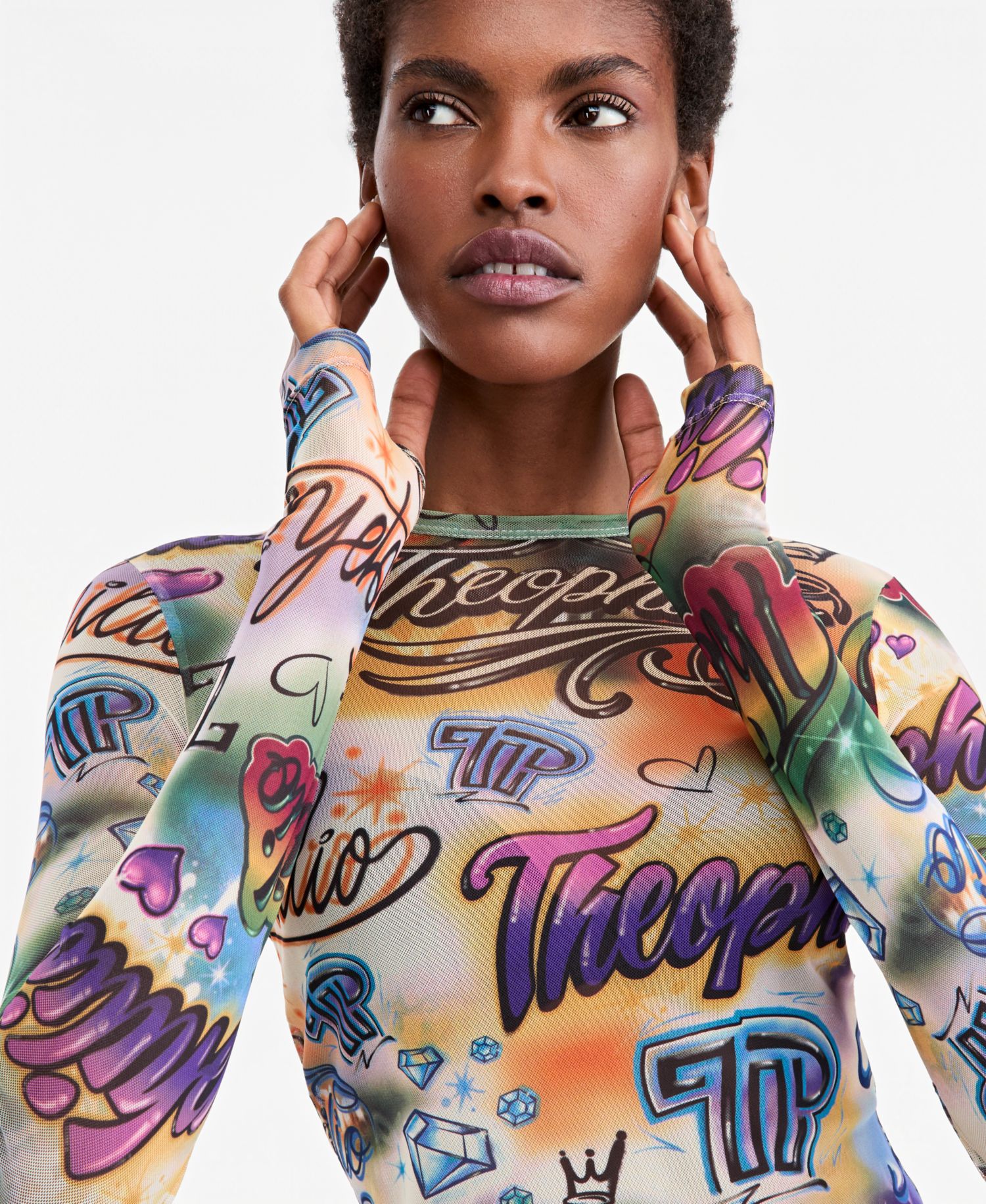 Women's Graffiti Print Sheer-Mesh Long-Sleeve Top