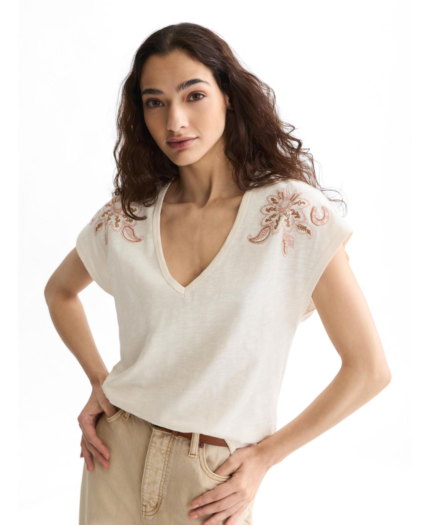Women's Embroidered V-Neck T-Shirt.