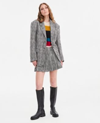 Women's Oversized Plaid Statement Blazer, Striped Wool-Blend Sweater, & Pleated Plaid Mini Skirt