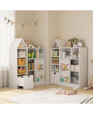 Kids 7-Cubby Bookshelf with Removable Drawer, 3-Tier Sling Toy Storage Organizer, Easy Assembly Toddler Storage Cabinet for Playroom Nursery