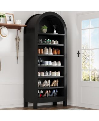 Tall Shoe Cabinet, 70" Arched Shoe Storage Cabinet with 7 Tiers, Wooden Shoe Rack Cabinet with Adjustable Shelves