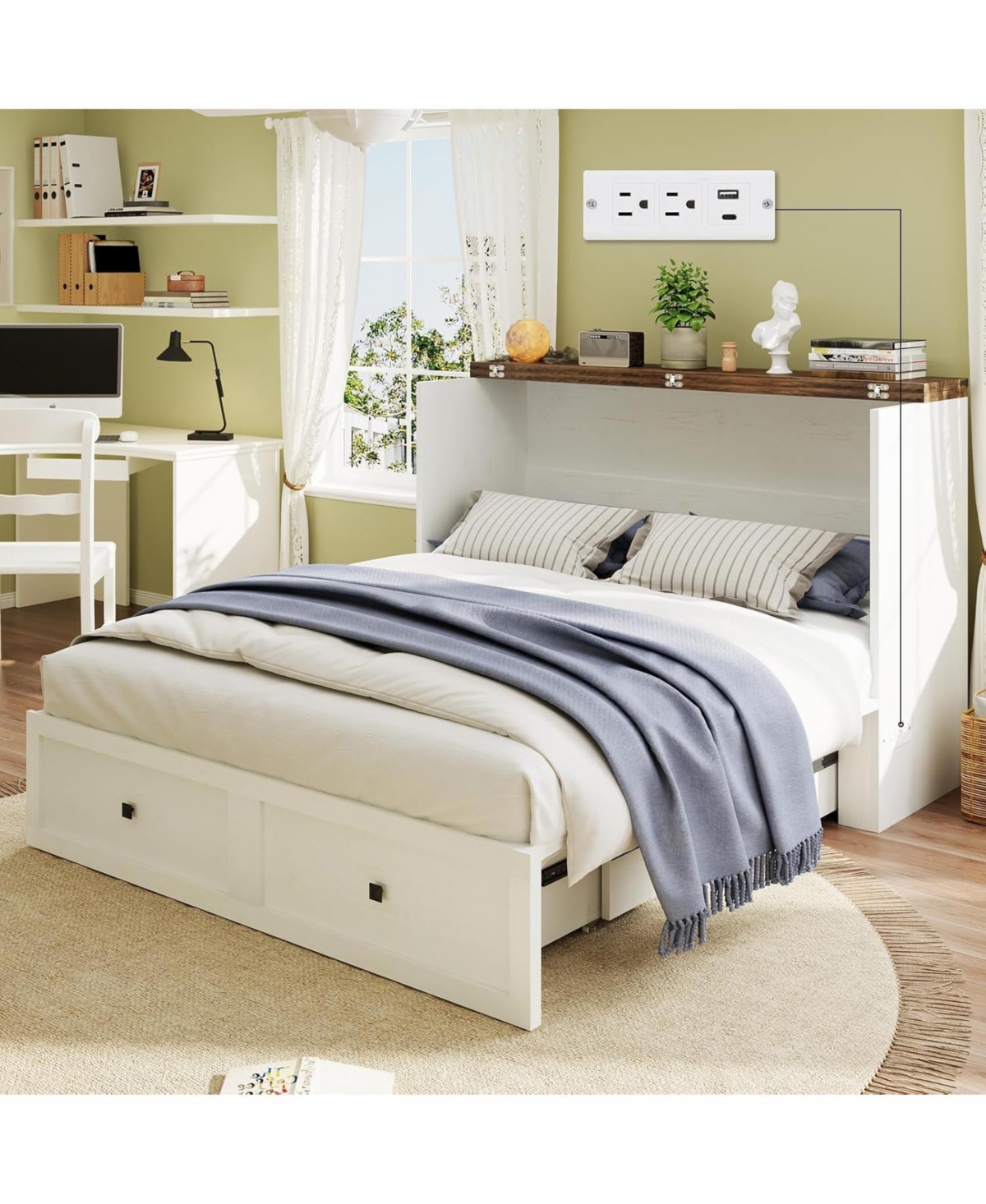 homfan Queen Murphy Bed Cabinet with Charging Station, Fold-Down Space-Saving Bed with Storage for Living Room, Bedroom or Office