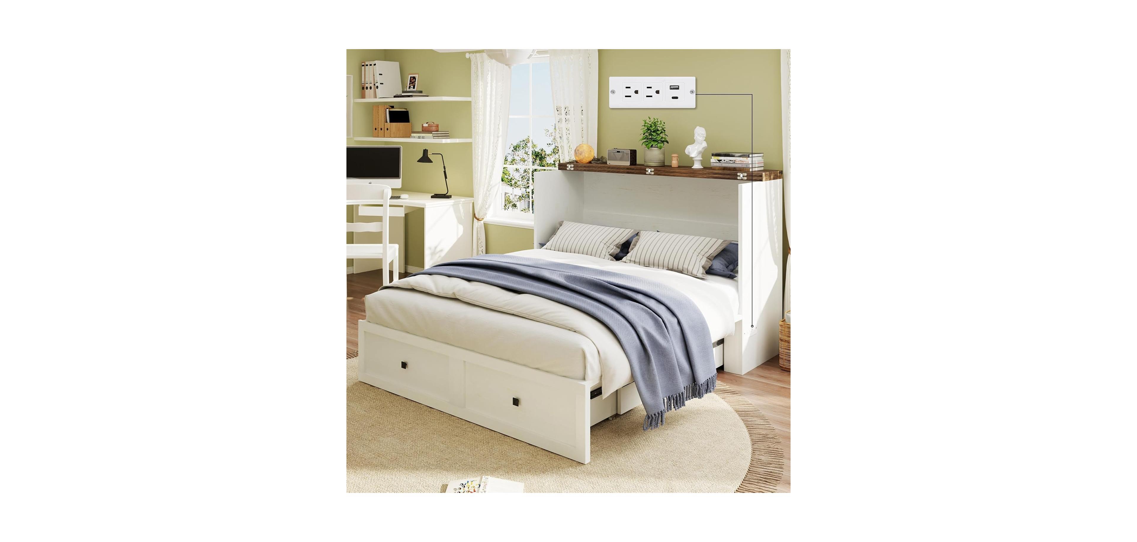 homfan Queen Murphy Bed Cabinet with Charging Station, Fold-Down Space-Saving Bed with Storage for Living Room, Bedroom or Office