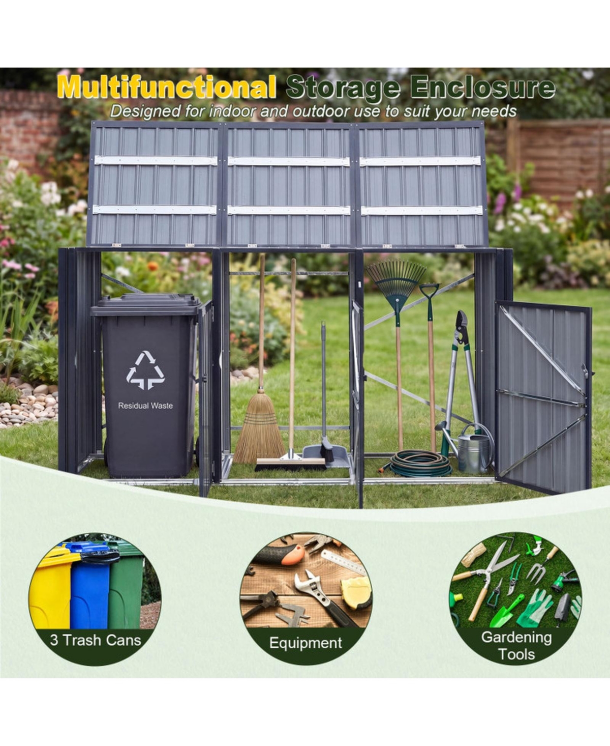 Sugift 3-Bin Metal Trash Can Storage Shed with Flip-Up Lids 94in x 31.5in x 49in
