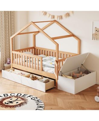 Toddler Playhouse Bed with Storage Drawers Safety Railings and Lift-Top Chest