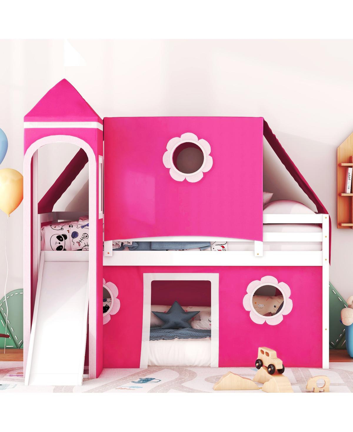 Streamdale Furniture Loft Bed with Slide Pink Tent and Tower