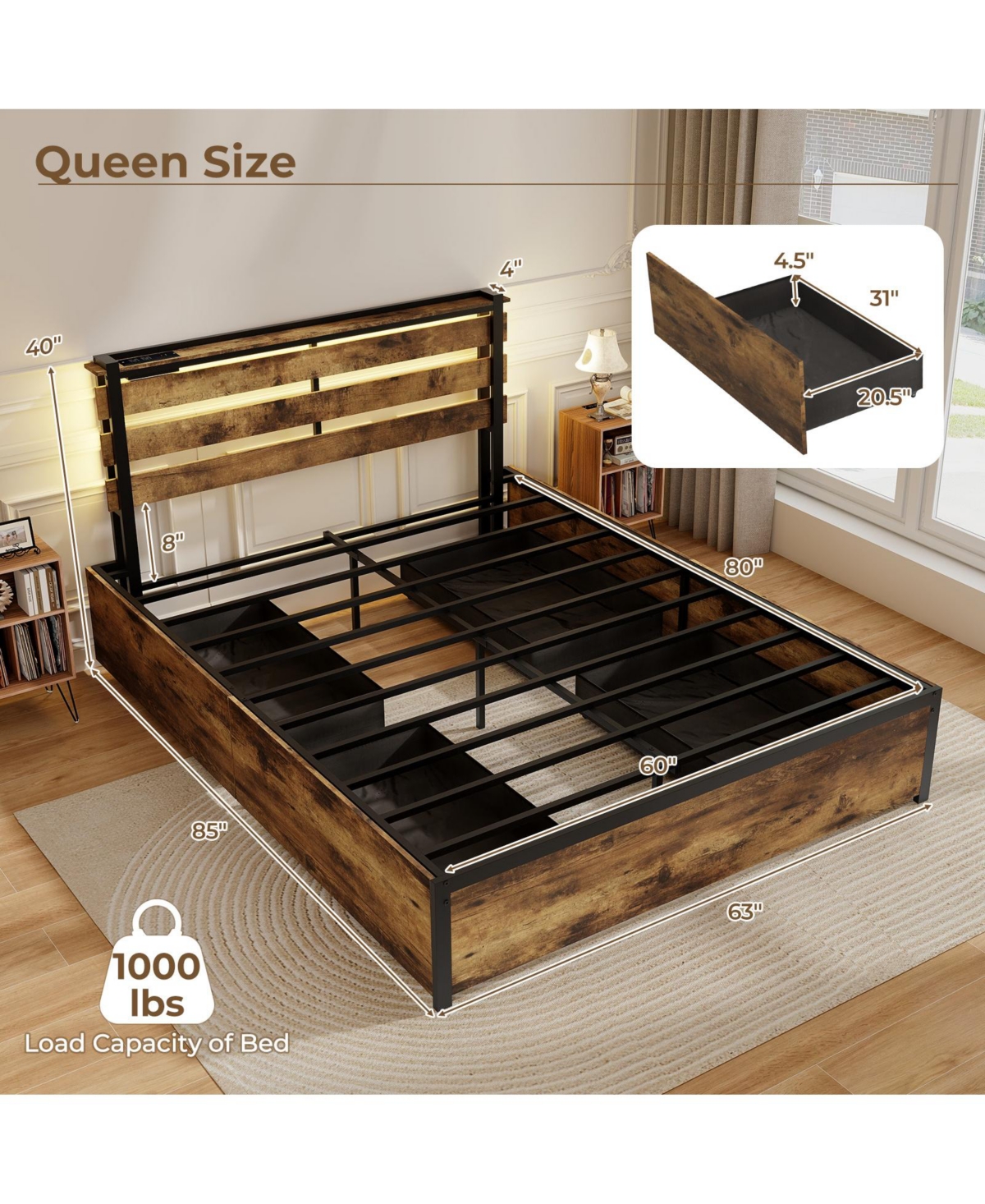 Gouun Bed Frame with Drawers Led Lights and Usb Ports