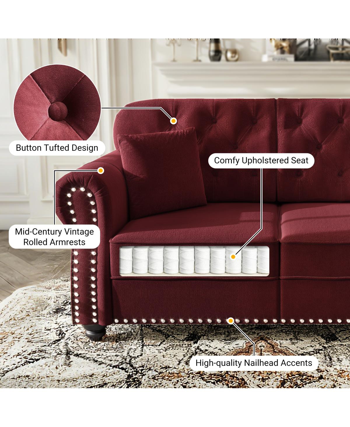 Streamdale Furniture Velvet Chesterfield Sofa with Nailhead Trim and Ottoman