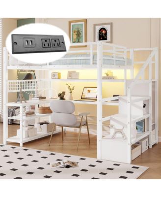 Full Size Metal Loft Bed with Staircase Desk Wardrobe and LED Lights