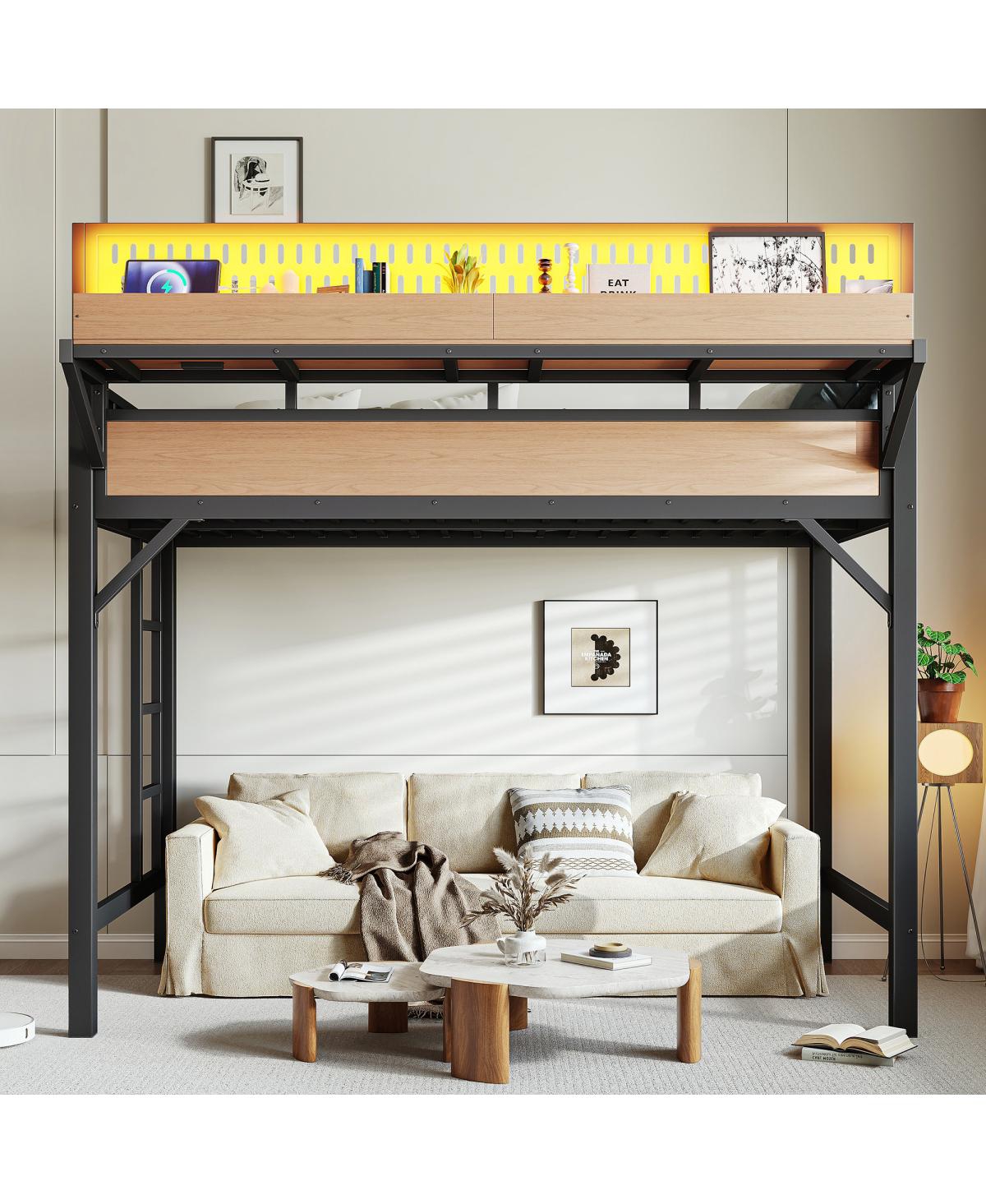 Streamdale Furniture Metal Loft Bed with Storage Pegboard Usb Ports and Led Lights