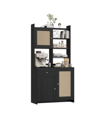 71 Inch Tall Kitchen Pantry Cabinet with Rattan Doors Storage Hutch with Microwave Stand and Adjustable Shelves