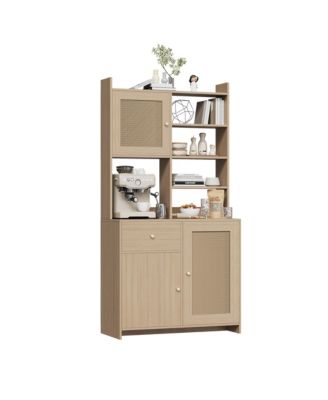 71 Inch Tall Kitchen Pantry Cabinet with Rattan Doors Storage Hutch with Microwave Stand and Adjustable Shelves