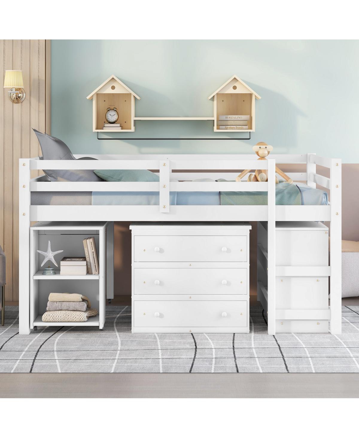Streamdale Furniture Low Study Full Loft Bed with Cabinet Shelves and Rolling Desk