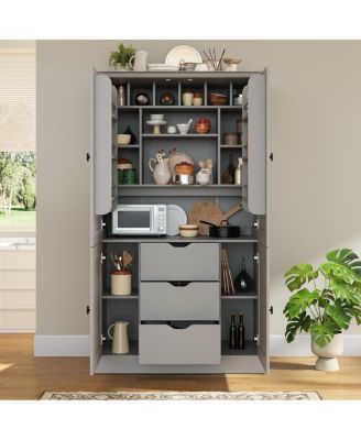 Freestanding Kitchen Pantry Cabinet with 4 Doors 3 Drawers and Wine Racks