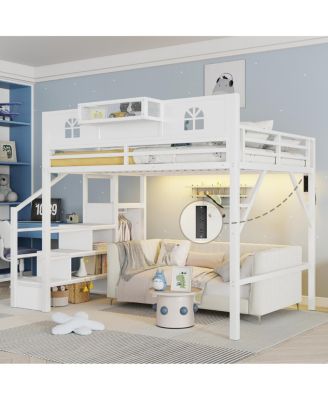 Metal Loft Bed with Stairs Wardrobe and Guardrails