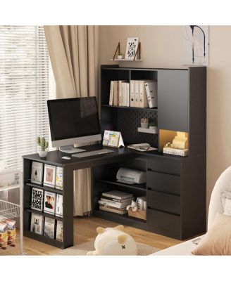 L-Shaped Computer Desk with Drawers Shelves LED Lights and Charging Station