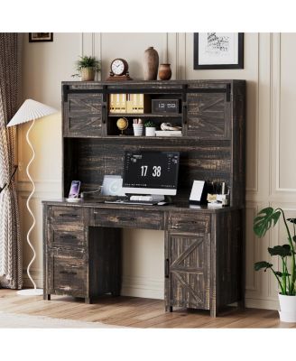 Farmhouse Executive Desk with Hutch Charging Station and Barn Door Storage