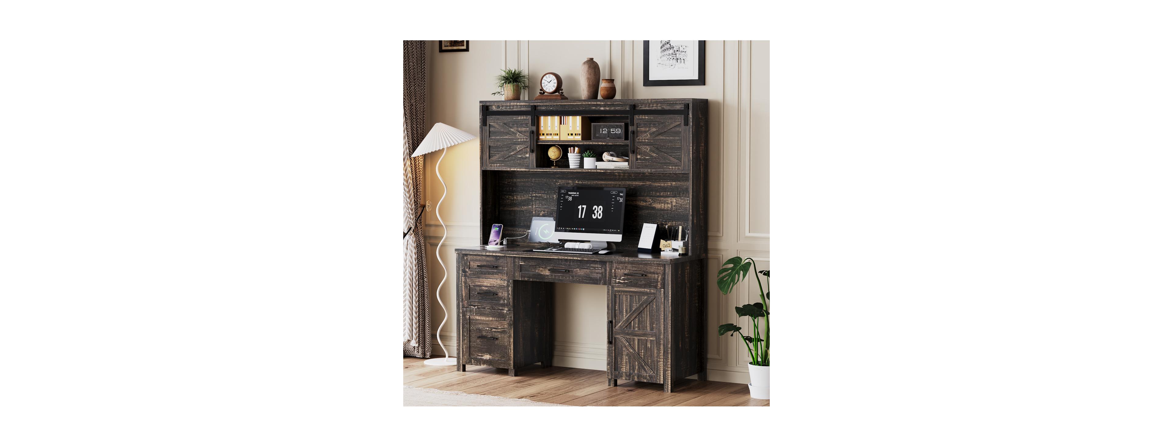 Streamdale Furniture Farmhouse Executive Desk with Hutch Charging Station and Barn Door Storage