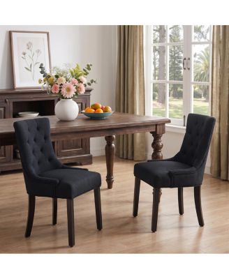 Modern Tufted Linen Dining Chairs with Solid Wood Legs Set of 2