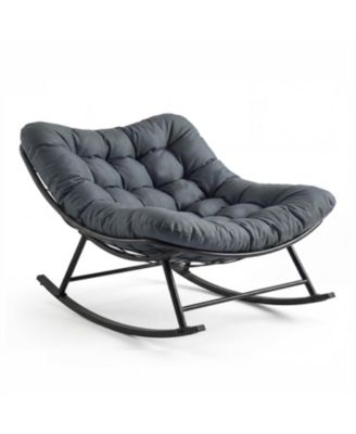Oversized Papasan Rocking Chair Egg-Shaped Rattan Chaise Lounge with Removable Cushion, Metal Frame and Non-Slip Feet for Patio and Garden