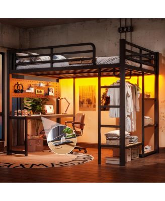  Full Loft Bed with Desk Storage Shelves USB Ports and Lights