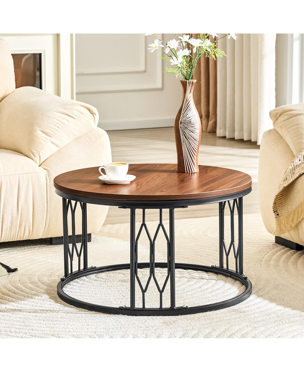 Streamdale Furniture 27.5'' Round Walnut Mdf Coffee Table with Sturdy Metal Frame