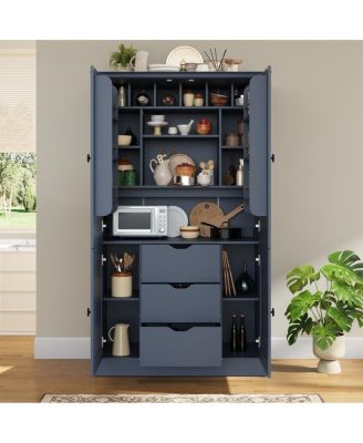 Freestanding Kitchen Pantry Cabinet with 4 Doors 3 Drawers and Wine Racks