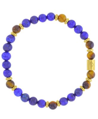 Men's 18k Yellow Gold-Plated Tiger Eye Lapis Stretch Bracelet