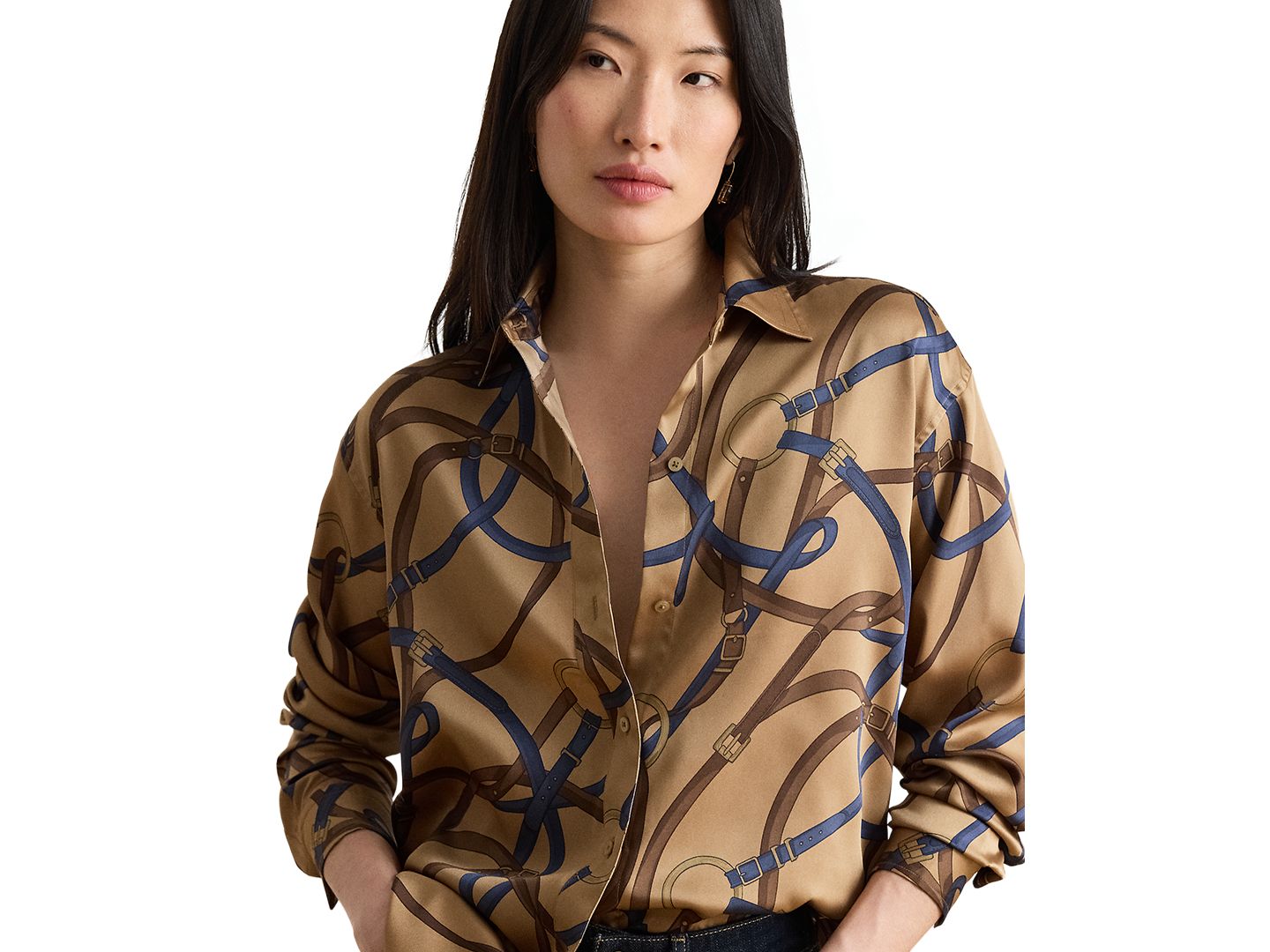 Женская рубашка Lauren Ralph Lauren Belting Print Collared, цвет: Верблюжий разноцветный — фото 3