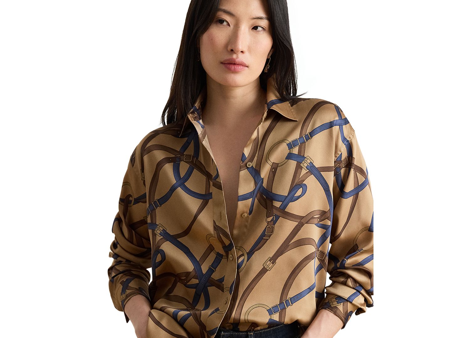 Petite Belting Print Collared Shirt