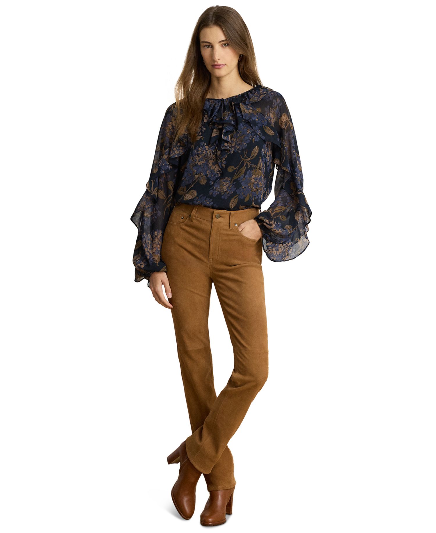 Petite Ruffle-Trim Long-Sleeve Blouse