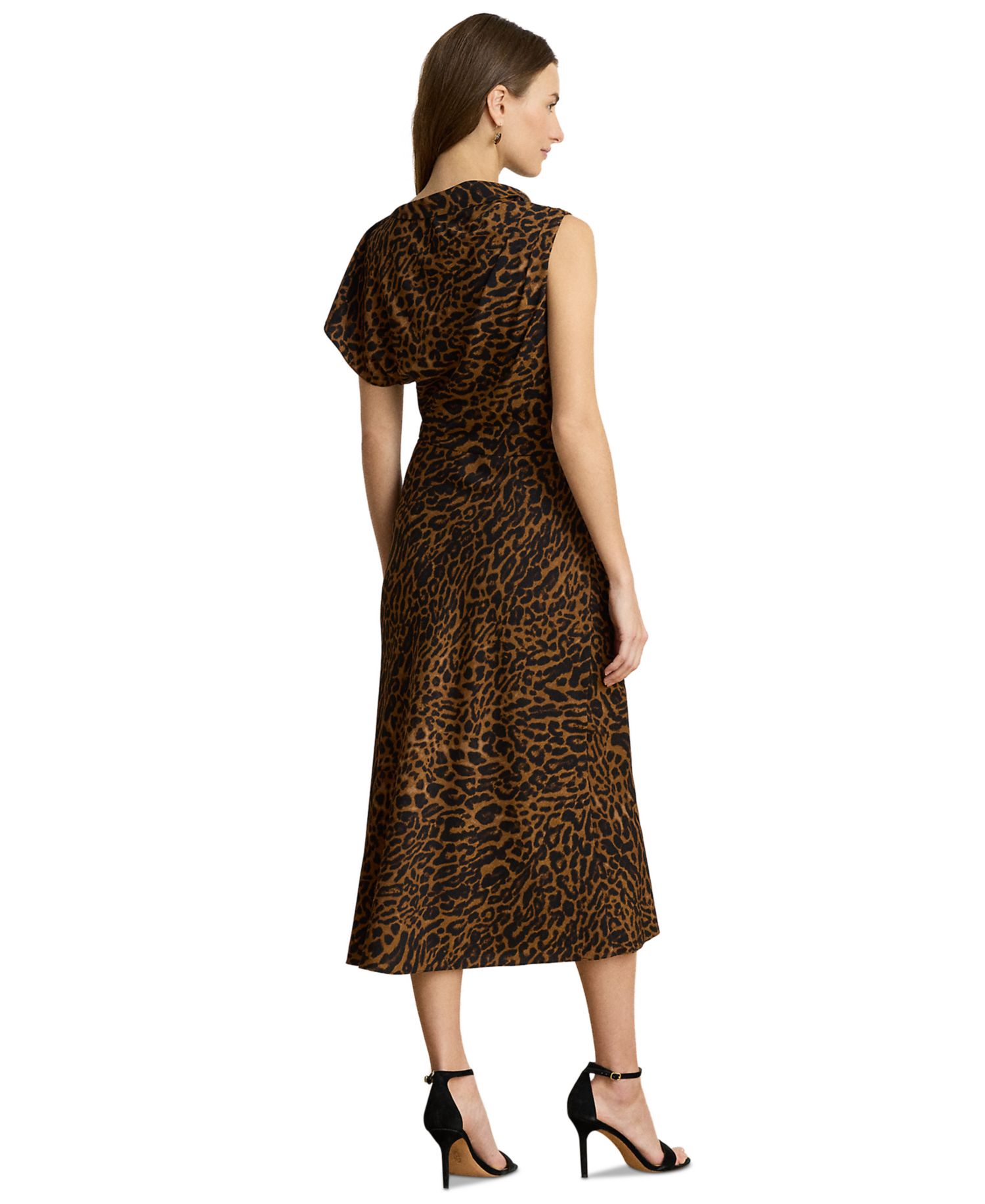 Petite Asymmetrical Neck Ocelot-Print Pleated Crepe Dress