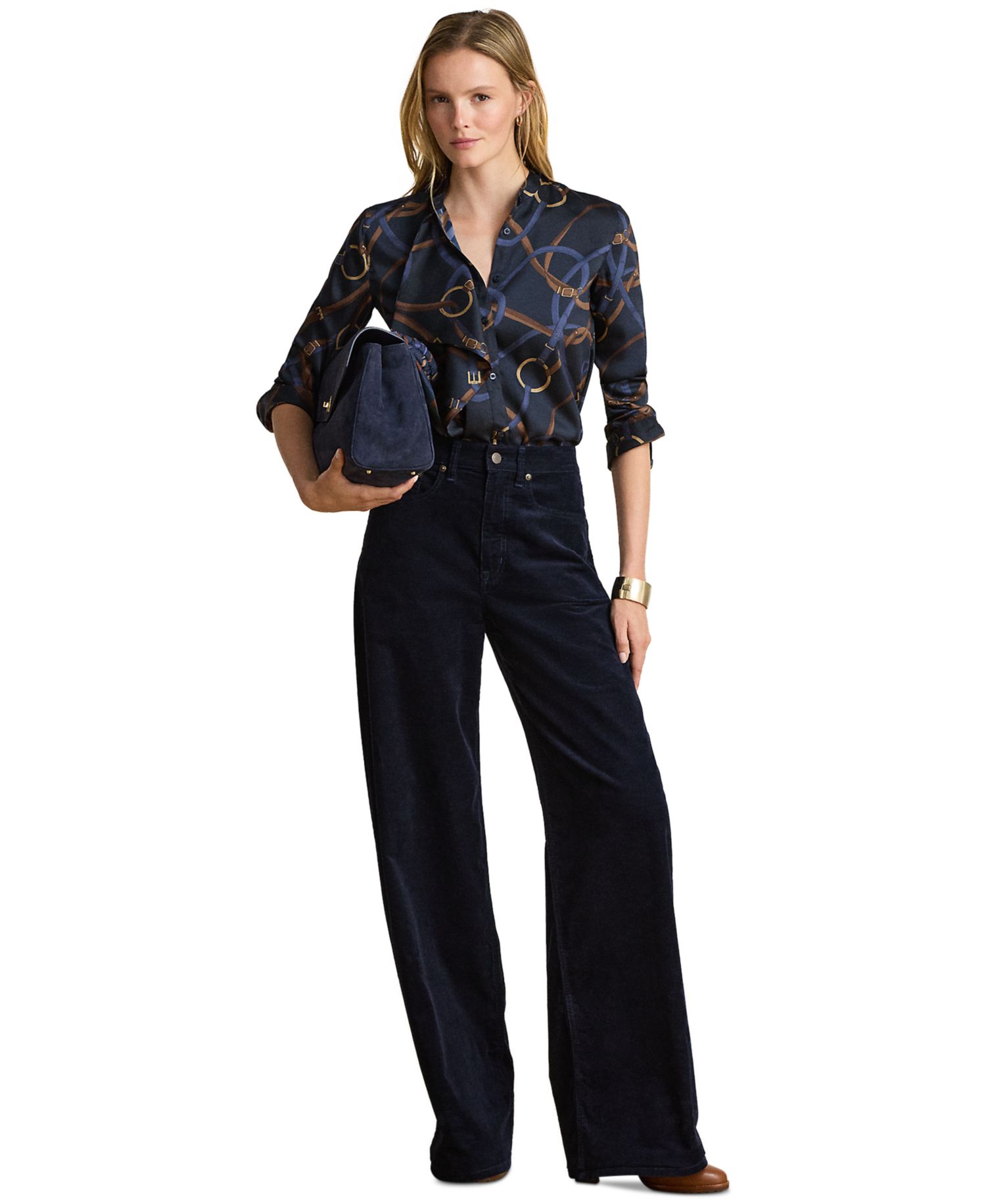 Petite Belting-Print Ruffle-Trim Twill Shirt