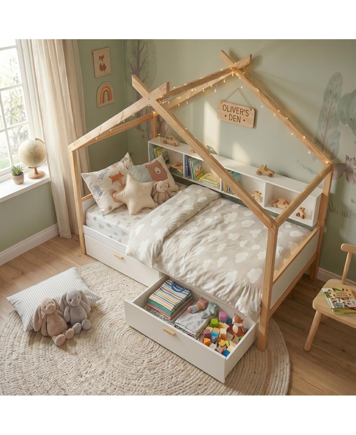 Streamdale Furniture Twin Size Wooden House Bed with Storage Drawers and Bookshelf